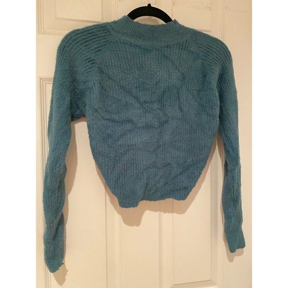 Fluffy Blue Twisted Back Design Crop Top Turtleneck - Picture 1 of 2